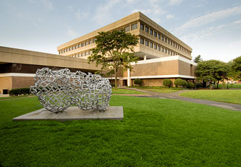 A picture of the brown Grace E. Harris Hall with green lawn and trees
